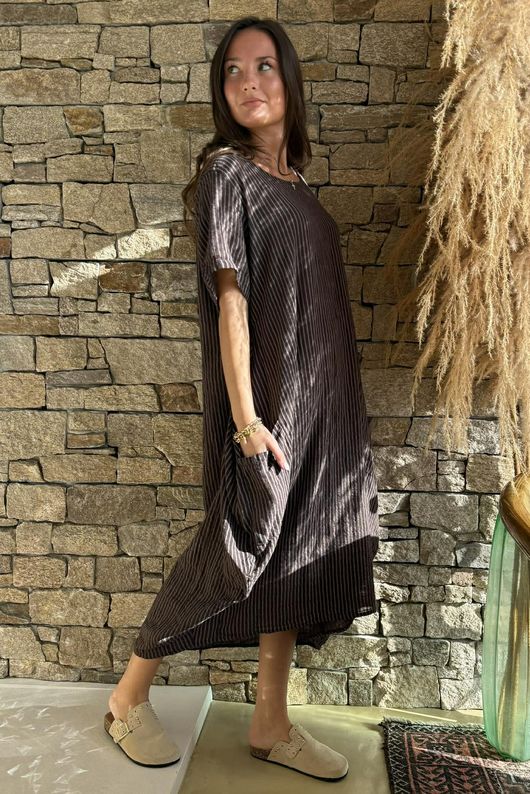 Salcombe Chalk Stripe Cotton Cocoon Dress Chocolate